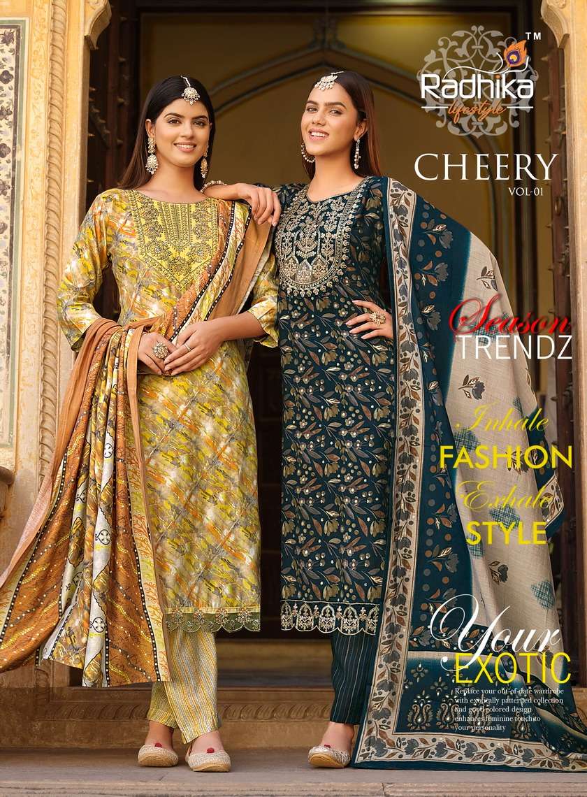 CHEERY VOL-1 BY RADHIKA LIFESTYLE 1001 TO 1005 SERIES MODAL MUSLIN WORK READYMADE DRESSES