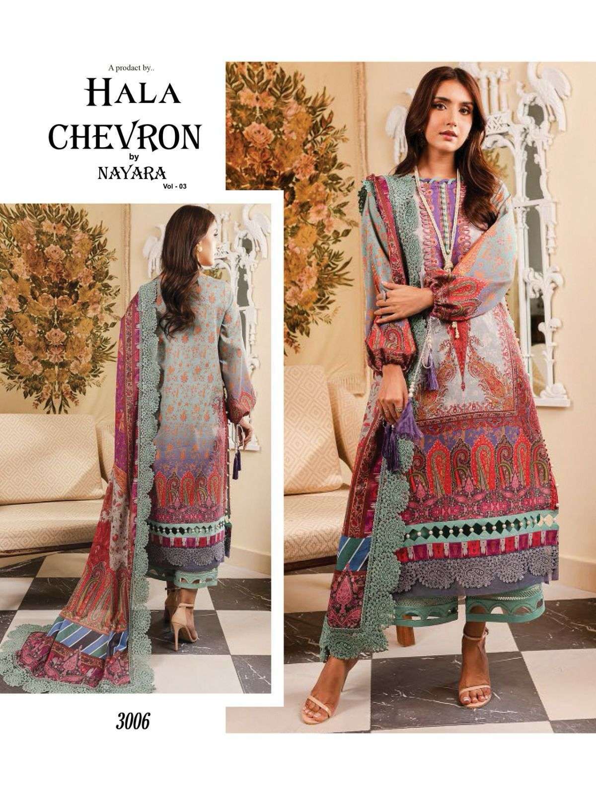 CHEVRON NAYARA VOL-3 BY HALA 3001 TO 3006 SERIES PURE COTTON PRINT PAKISTANI DRESSES