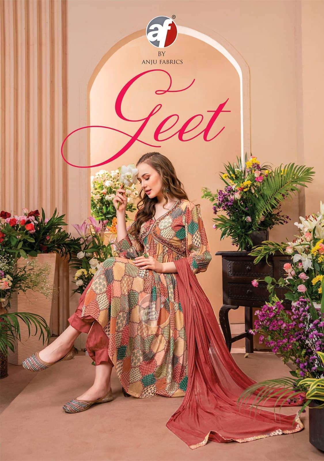 GEET BY ANJU FABRICS 3371 TO 3376 SERIES PURE CREPE PRINT HAND WORK READYMADE DRESSES