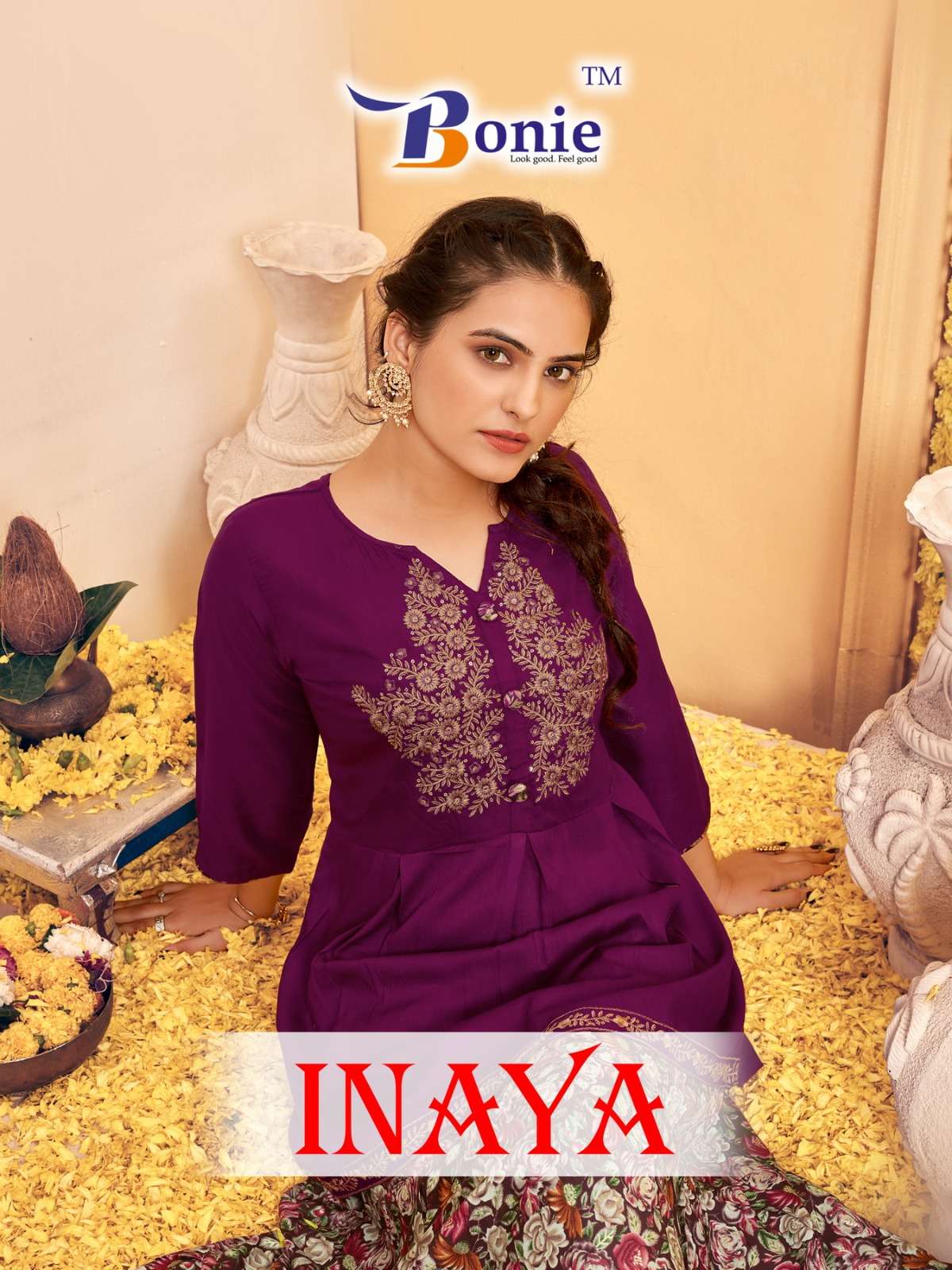 INAYA BY BONIE 1001 TO 1006 SERIES RAYON PRINT WORK TOP & SKIRT