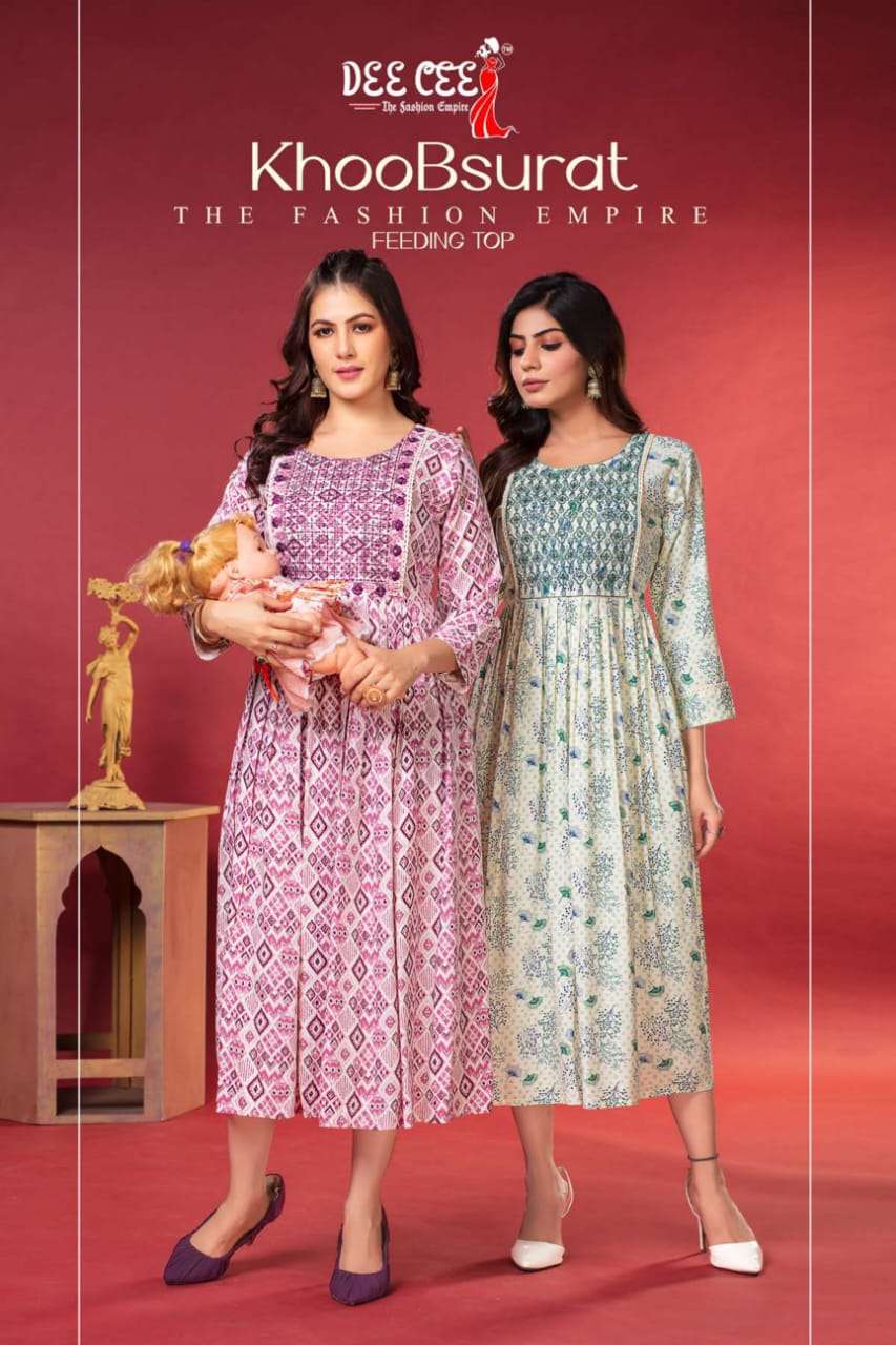 KHOOBSURAT BY DEE CEE 101 TO 106 SERIES RAYON PRINT WORK KURTIS