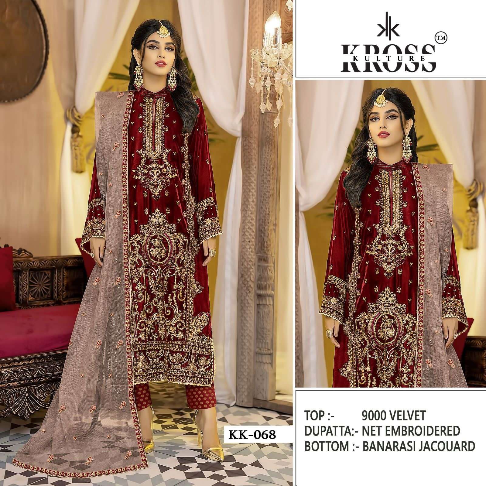 KK-68 COLOURS BY KROSS KULTURE 68-A TO 68-D SERIES VELVET EMBROIDERY WORK PAKISTANI DRESSES