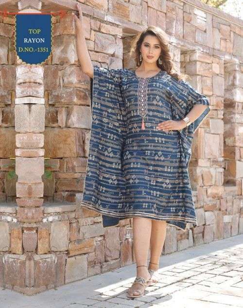 KT-1351 HITS BY AQSAWHOLESALE 1351 & 1352 FANCY PRINT WORK KAFTAN KURTIS