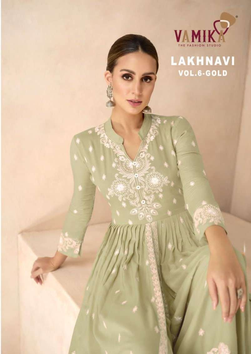 LAKHNAVI VOL-6 GOLD BY VAMIKA 1031-A TO 1031-E SERIES RAYON EMBROIDERY WORK READYMADE DRESSES