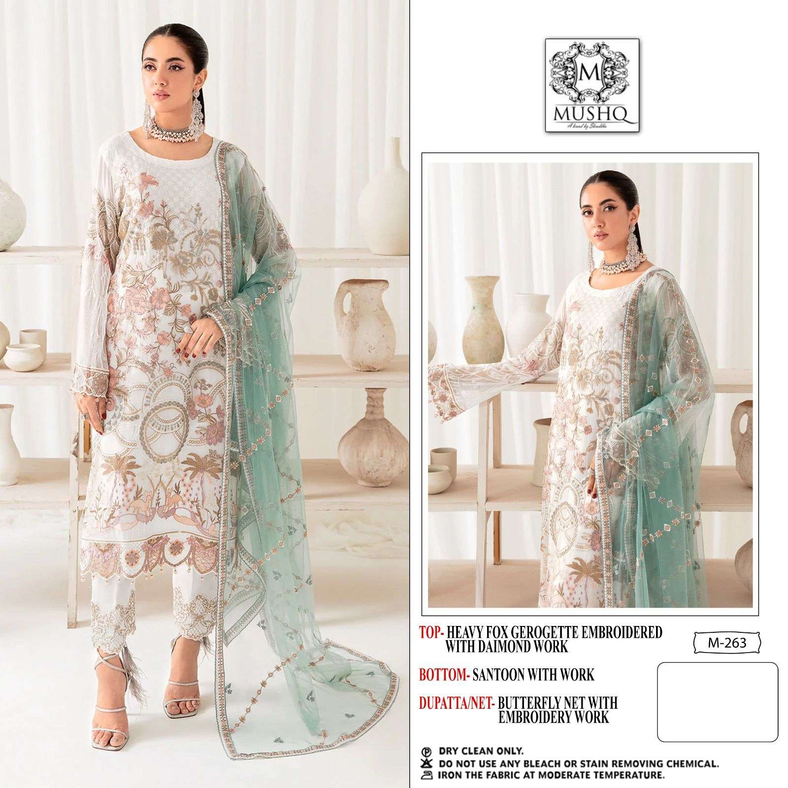 M-263 TO M-268 HITS BY MUSHQ FAUX GEORGETTE WORK PAKISTANI DRESSES