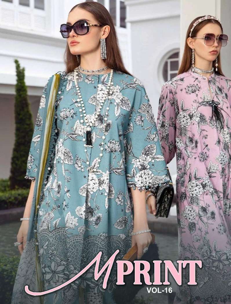 M PRINT VOL-16 BY SHRADDHA DESIGNER 1001 TO 1006 SERIES LAWN COTTON WORK PAKISTANI DRESSES