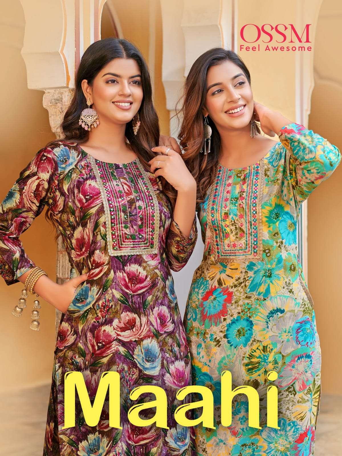 MAAHI BY OSSM 101 TO 106 SERIES RAYON PRINT EMBRODIERY WORK KURTI & PANTS