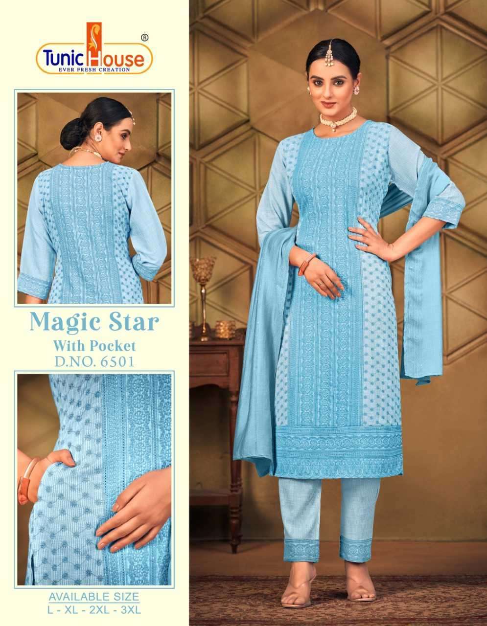 MAGIC STAR BY TUNIC HOUSE 6501 TO 6508 SERIES RAYON LUUCKNOWI WORK READYMADE DRESSES