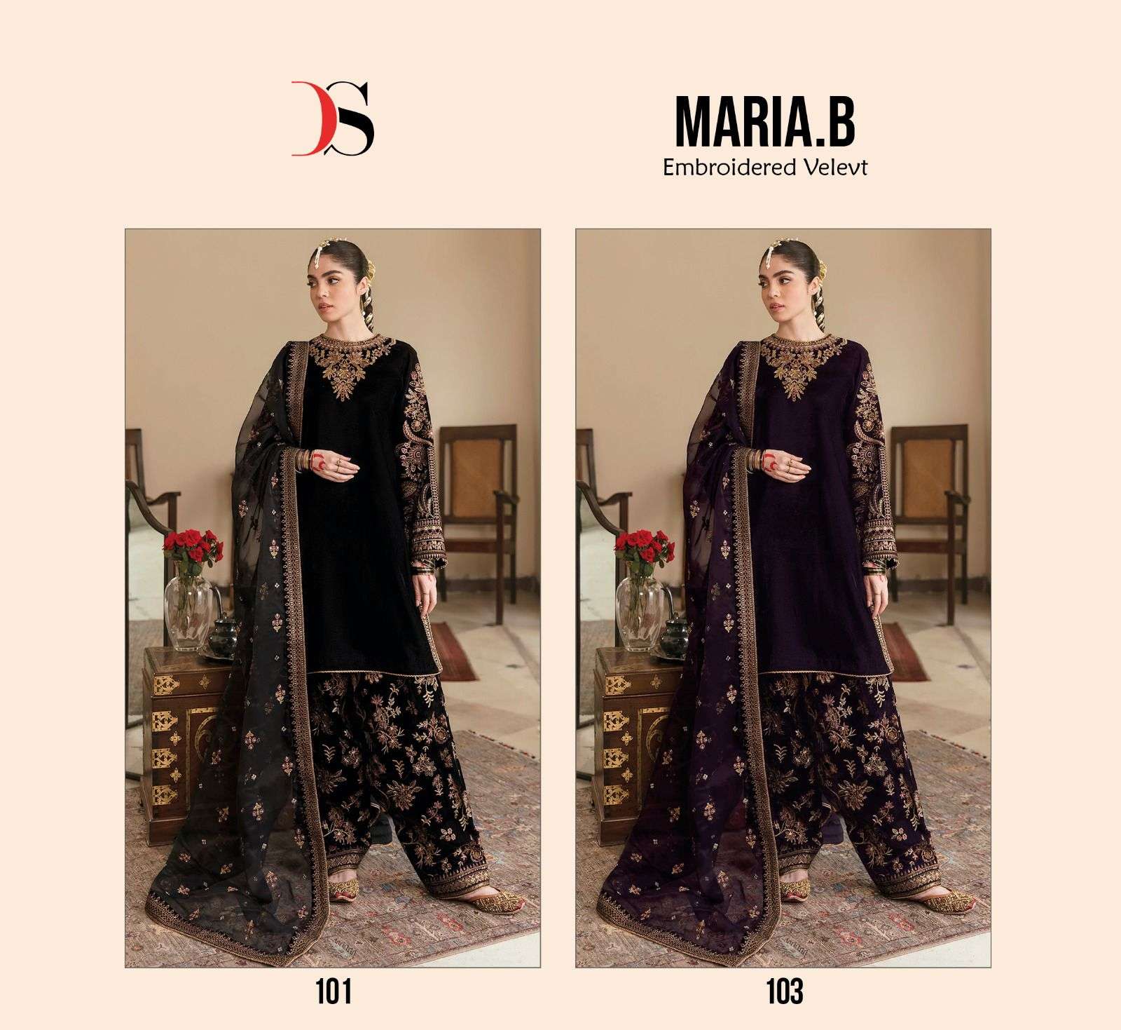 MARIA.B EMBROIDERED VELVET BY DEEPSY SUITS 101 AND 103 VELVET WORK PAKISTANI WINTER DRESSES