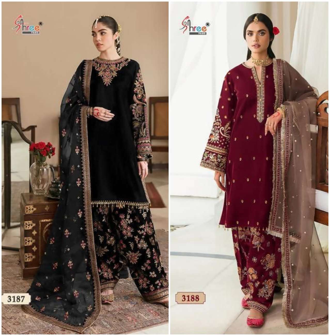 MARIYA B 3187 & 3188 HITS BY SHREE FABS VELVET HEAVY WORK PAKISTANI DRESSES