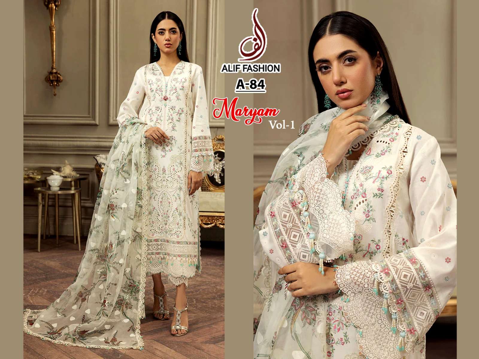 MARYAM A-84 BY ALIF FASHION CAMBRIC COTTON EMBROIDERY PAKISTANI DRESS