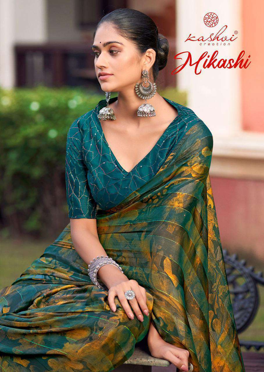 MIKASHI BY KASHVI CREATION 1001 TO 1008 SERIES SOFT SILK PRINT WORK CASUAL WEAR SAREES