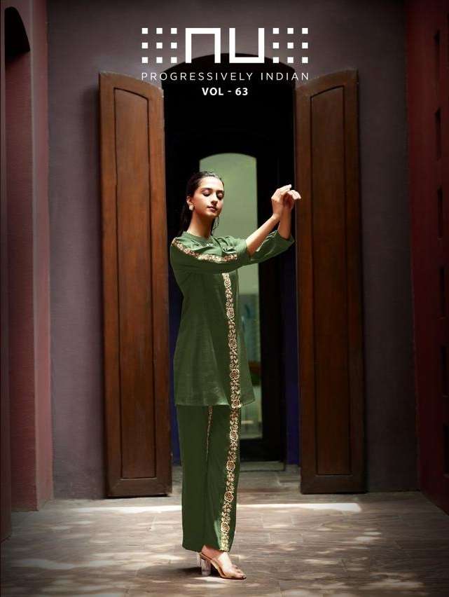 NU VOL-63 BY NU 6301 TO 6306 SERIES VISCOSE SILK EMBROIDERY WORK CO-ORD SET