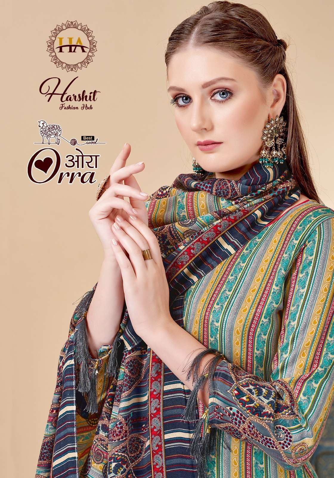 ORRA BY HARSHIT 1370-001 TO 1370-006 SERIES PURE PASHMINA PRINT WORK WINTER WEAR DRESSES