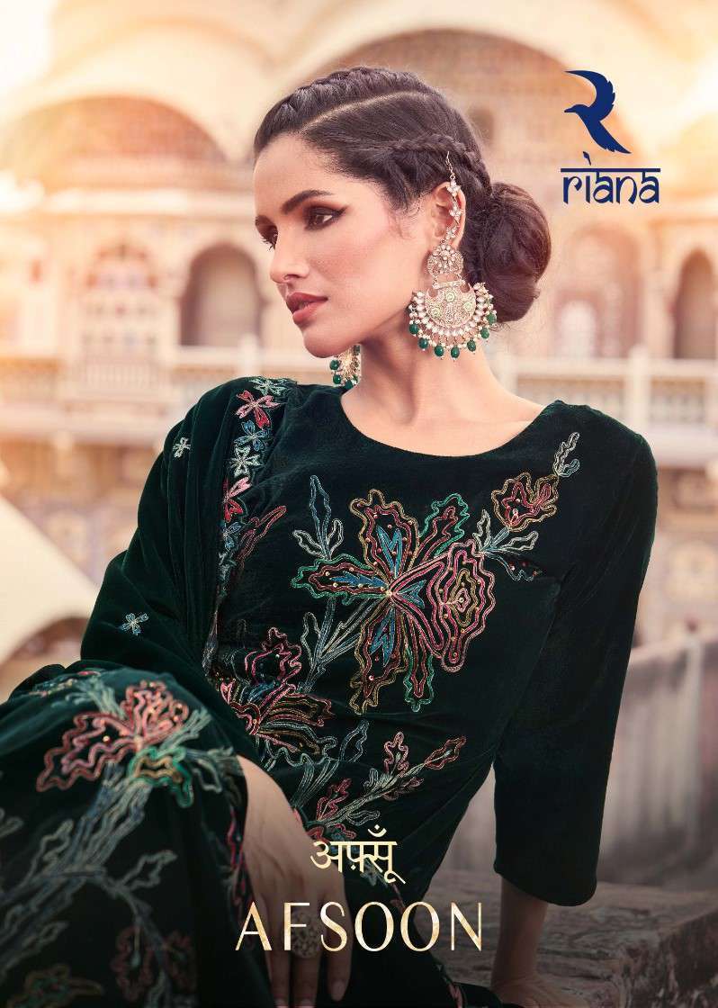 RIANA AFSOON BY AQSAWHOLESALE 6050 TO 6055 SERIES VELVET EMBROIDERY WINTER WEAR DRESSES