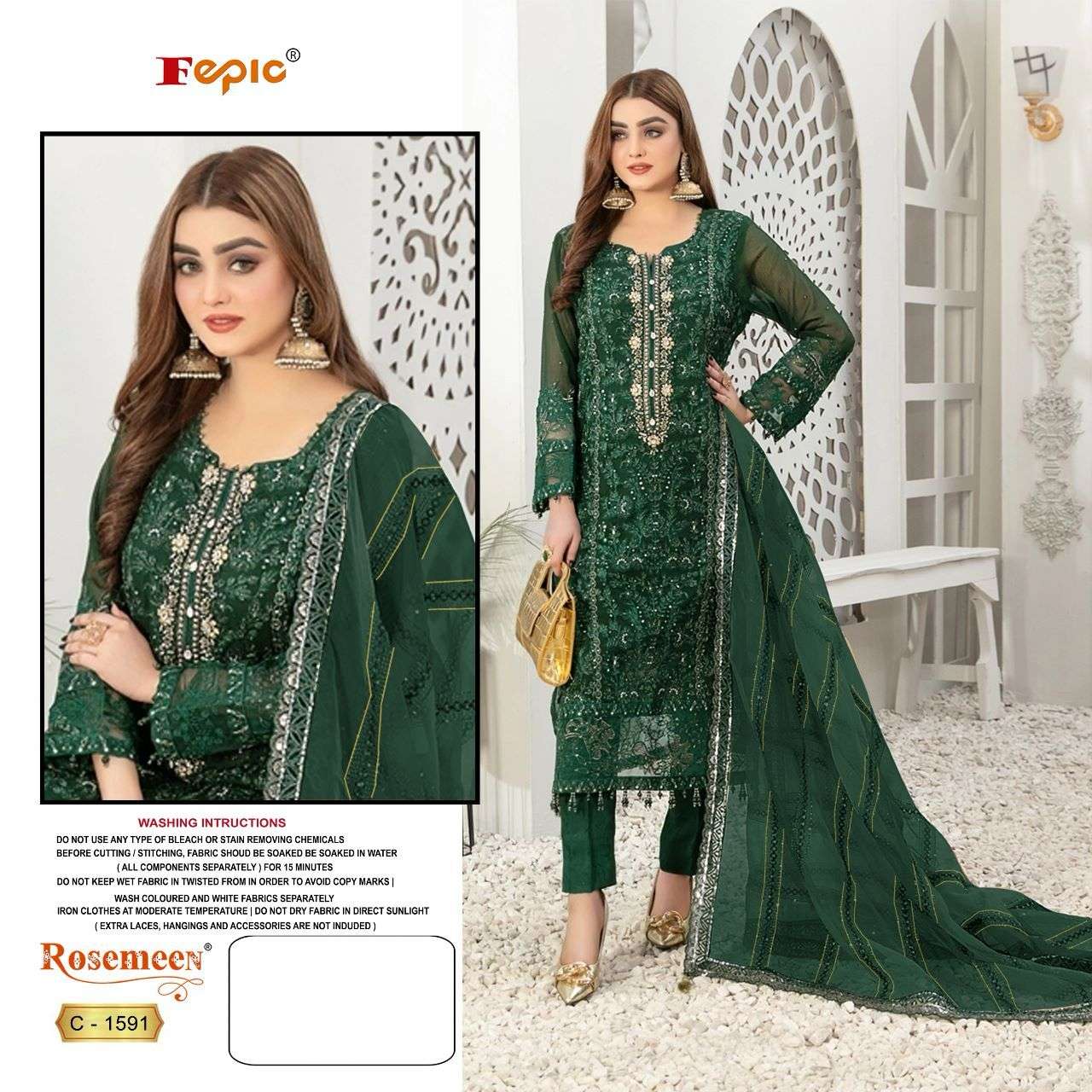 ROSEMEEN 1591 COLOURS BY FEPIC 1591-A TO 1591-C SERIES ORGANZA WORK PAKISTANI DRESSES