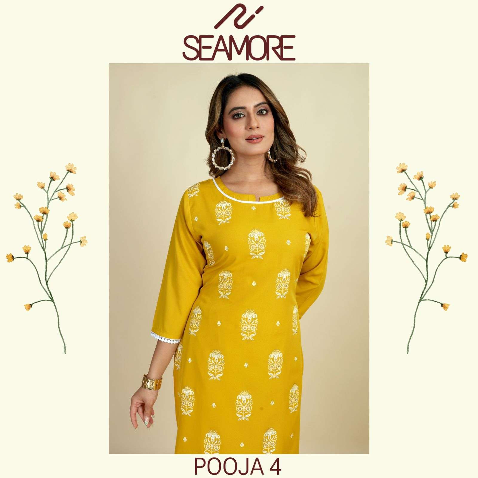 SEAMORE POOJA VOL-4 BY AQSAWHOLESALE 1010 TO 1013 SERIES CREPE PRINT KURTI & PANTS