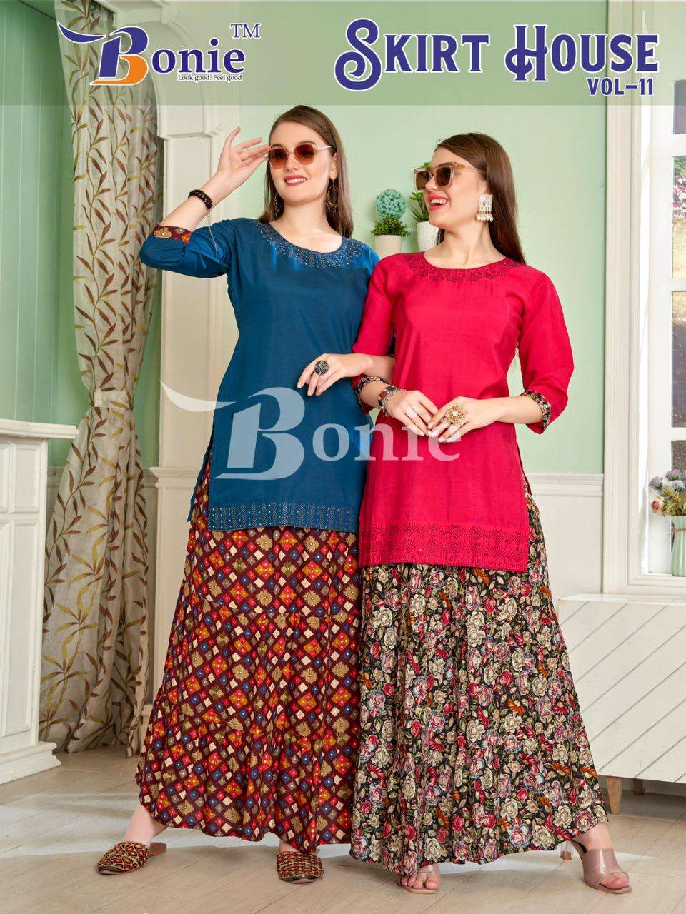 SKIRT HOUSE VOL-11 BY BONIE 11001 TO 11006 SERIES RAYON PRINT WORK TOP & SKIRTS