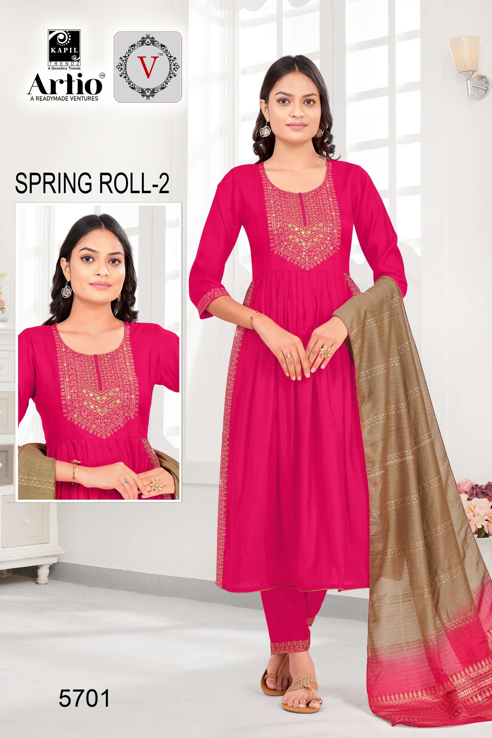 SPRING ROLL VOL-2 BY KAPIL TRENDZ 5701 TO 5708 SERIES VISCOSE SILK WORK READYMADE DRESSES