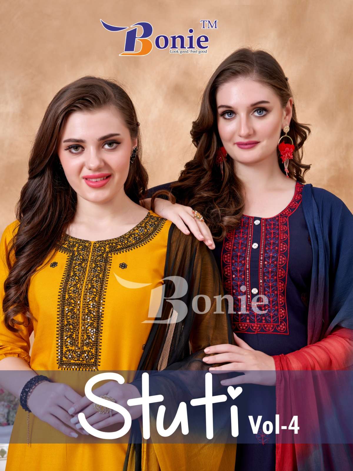 STUTI VOL-4 BY BONIE 4001 TO 4008 SERIES RAYON PRINT WORK READYMADE DRESSES