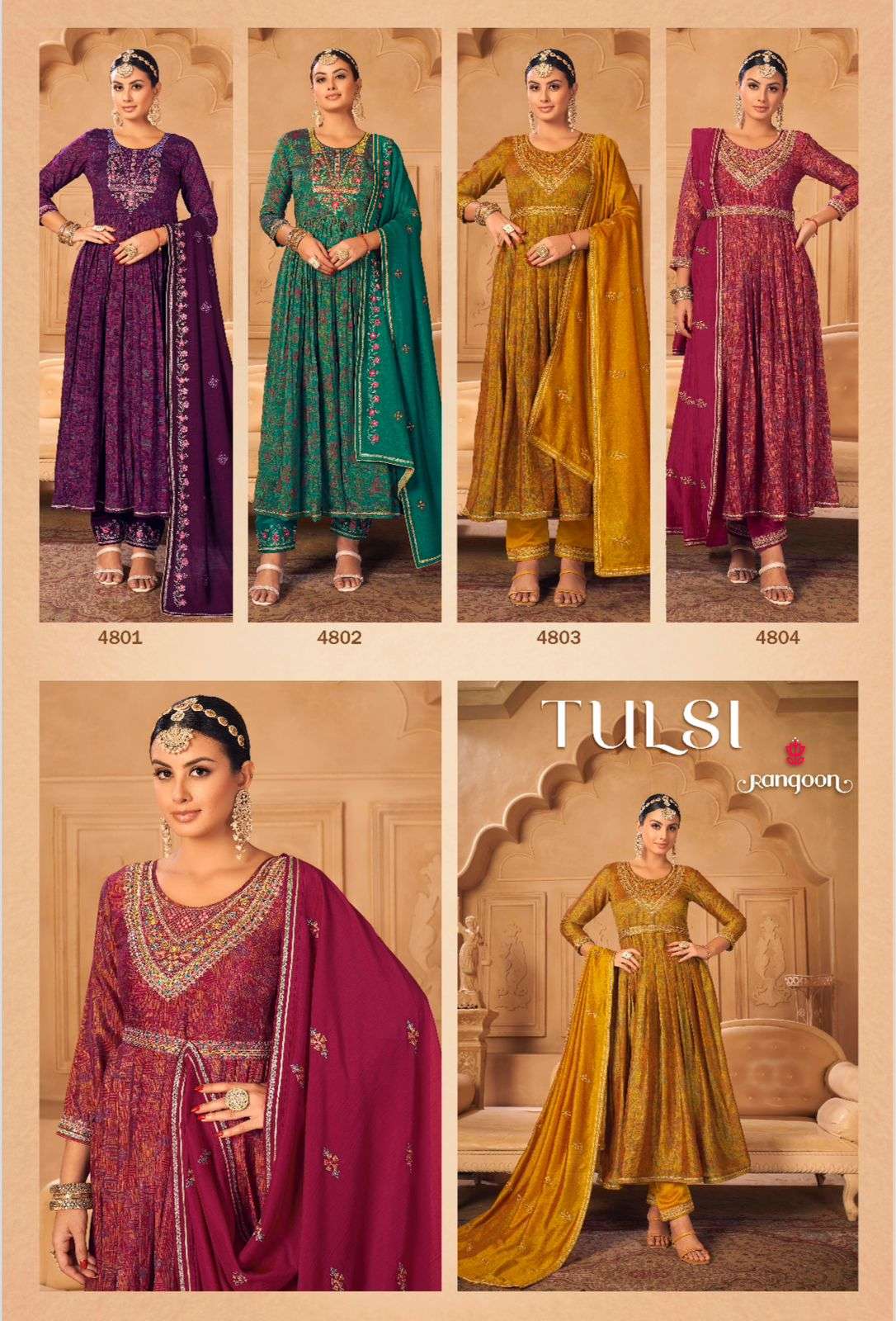 TULSI BY RANGOON 4801 TO 4804 SERIES SILK EMBROIDERY WORK ANARKALI DRESSES