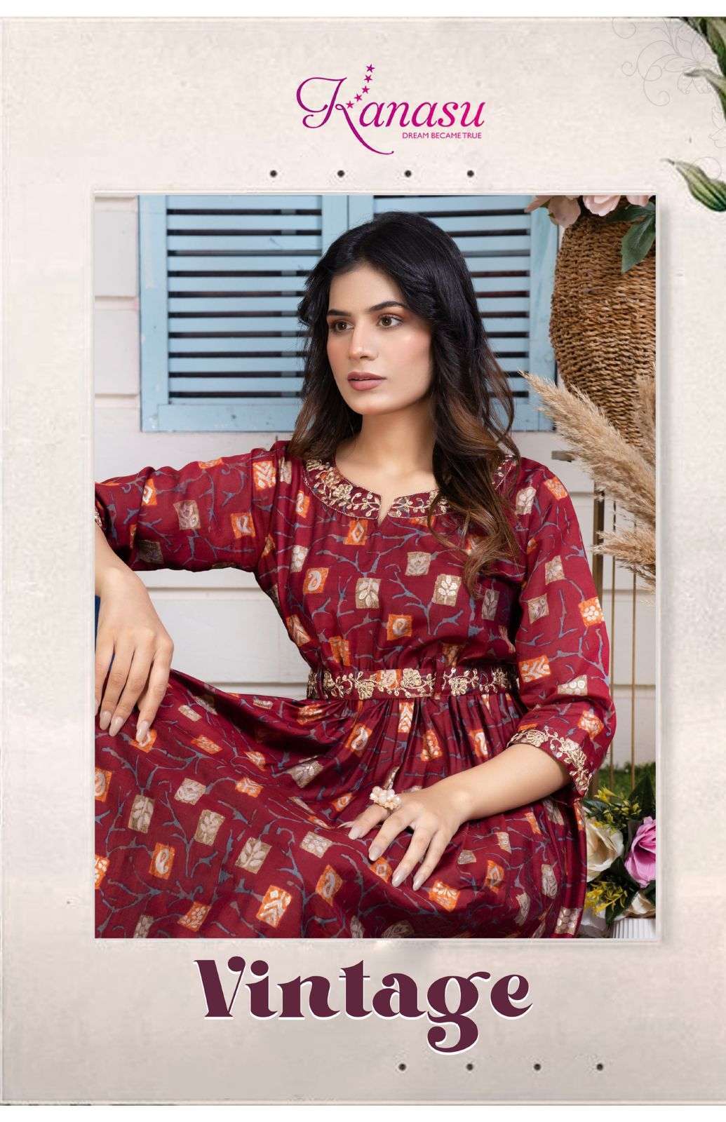 VINTAGE BY KANASU 1001 TO 1006 SERIES CHANDERI PRINT EMBROIDERY KURTIS