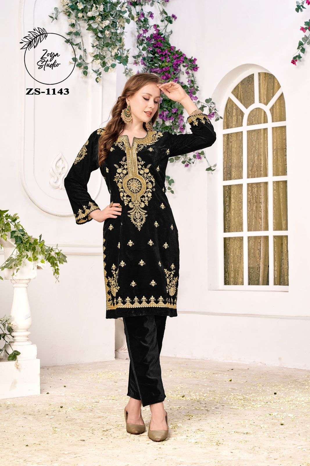 ZS-1143 COLOURS BY ZOYA STUDIO VELVET EMBRODIERY WORK KURTI & PANTS