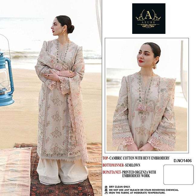 AZURE 1406 HIT DESIGN BY AQSAWHOLESALE CAMBRIC COTTON WORK PAKISTANI DRESS