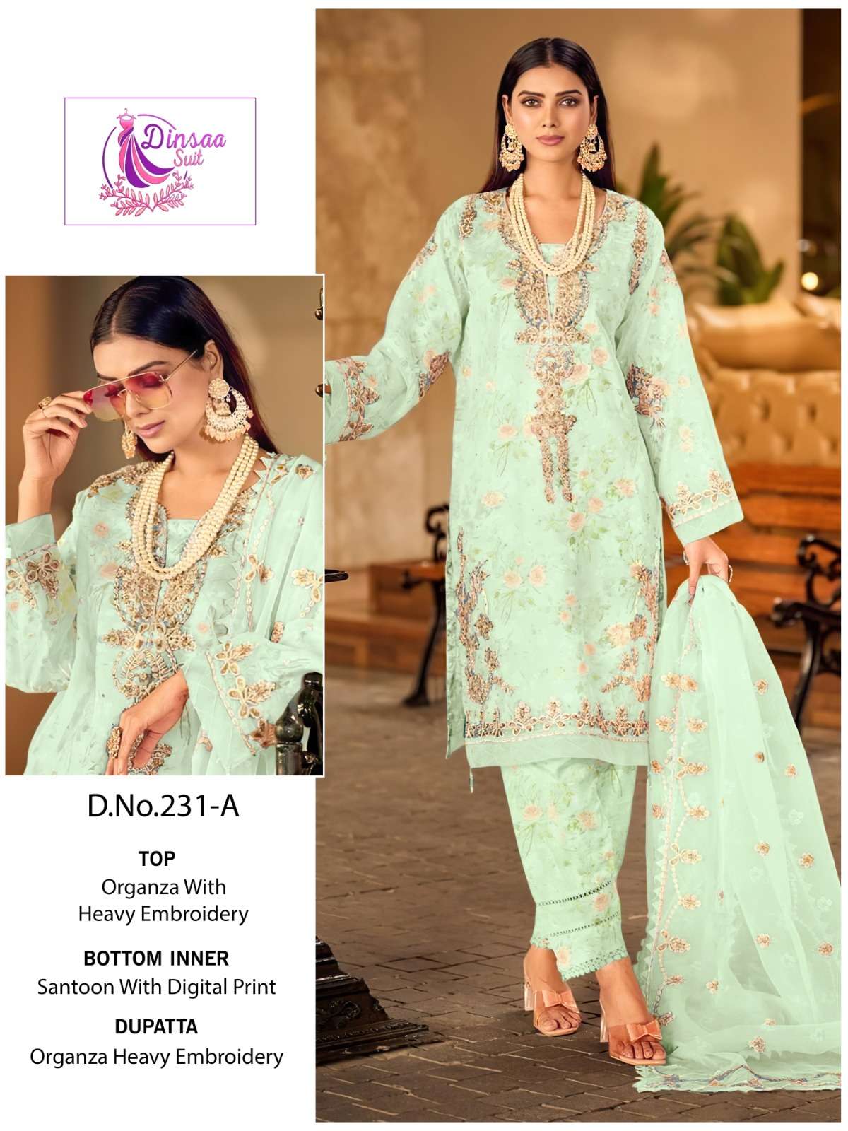 DS-231 COLOURS BY DINSAA SUITS 231-A TO 231-D SERIES ORGANZA WORK PAKISTANI DRESSES