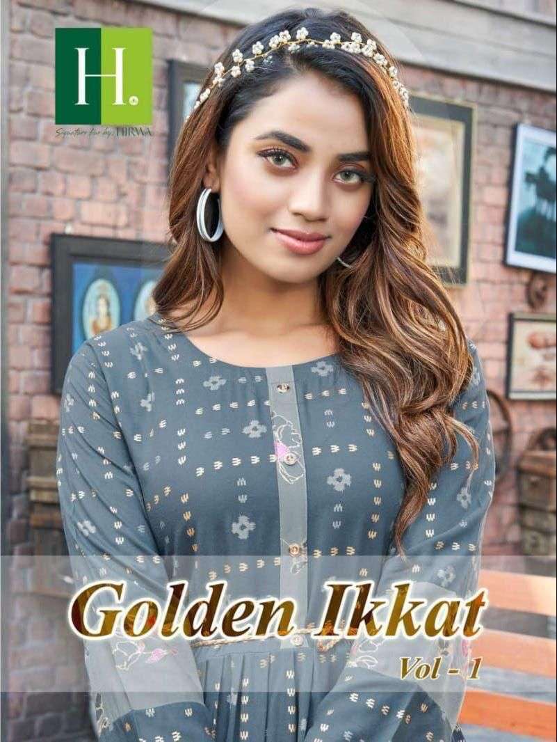 GOLDEN IKKAT BY H DOT 01 TO 08 SERIES RAYON PRINT WORK KURTIS