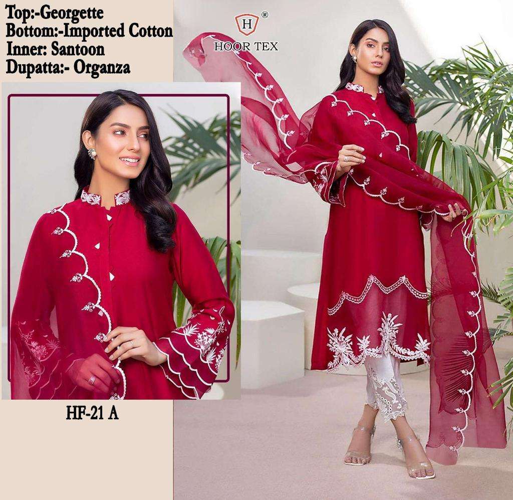 HF-21 COLOURS BY HOOR TEX 21-A TO 21-F SERIES HEAVY GEORGETTE WORK PAKISTANI DRESSES