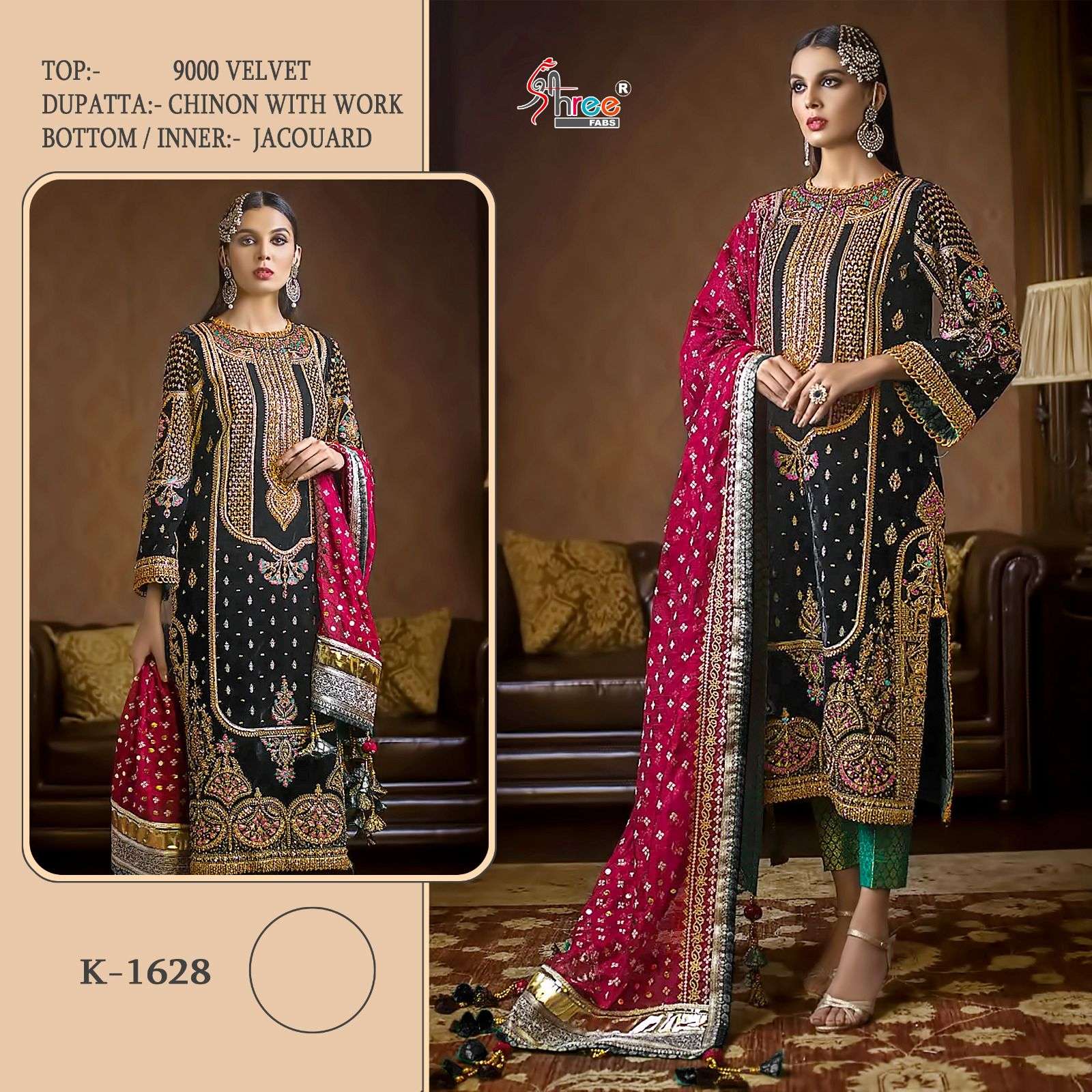 K-1628 COLOURS BY SHREE FABS 1628-A TO 1628-D SERIES VELVET WORK PAKISTANI DRESSES