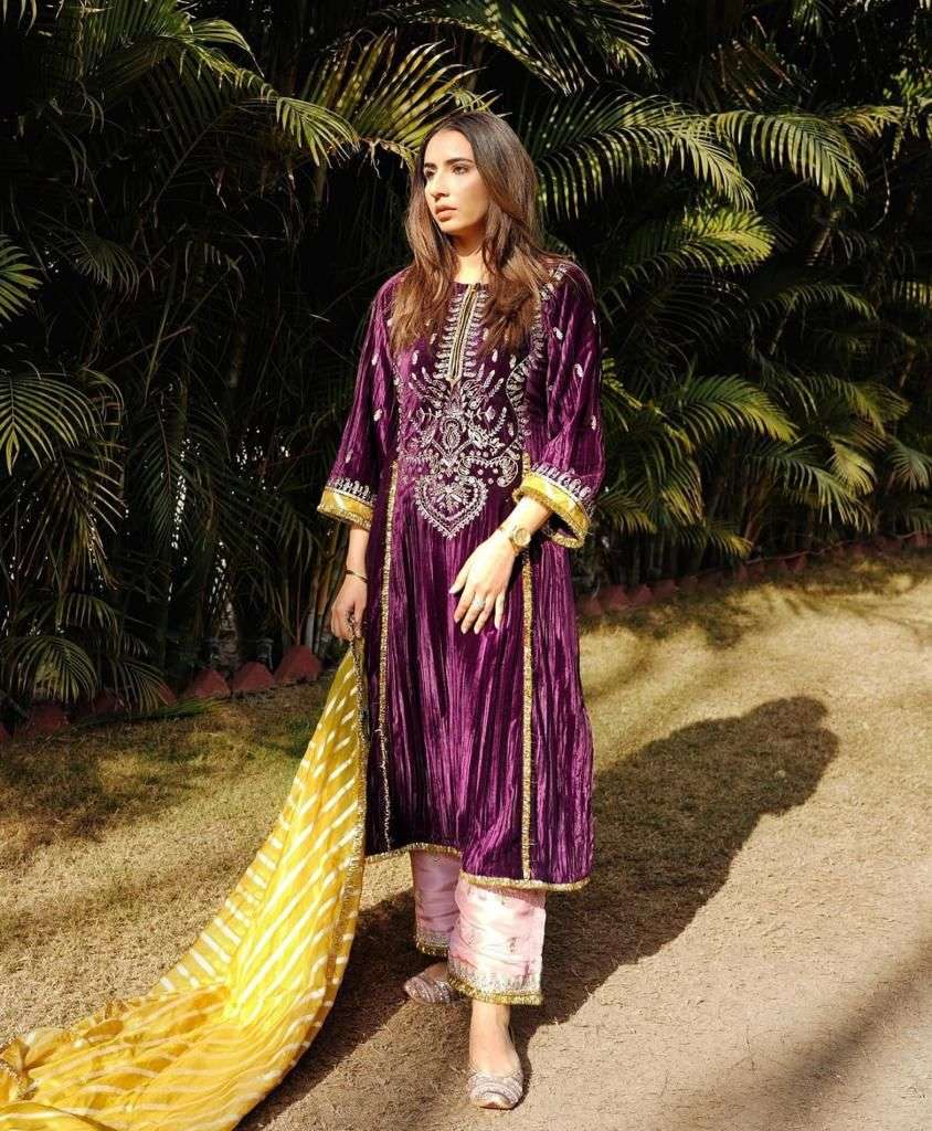 LC-1133 BY AQSAWHOLESALE VELVET EMBROIDERY WORK WINTER WEAR READYMADE DRESS