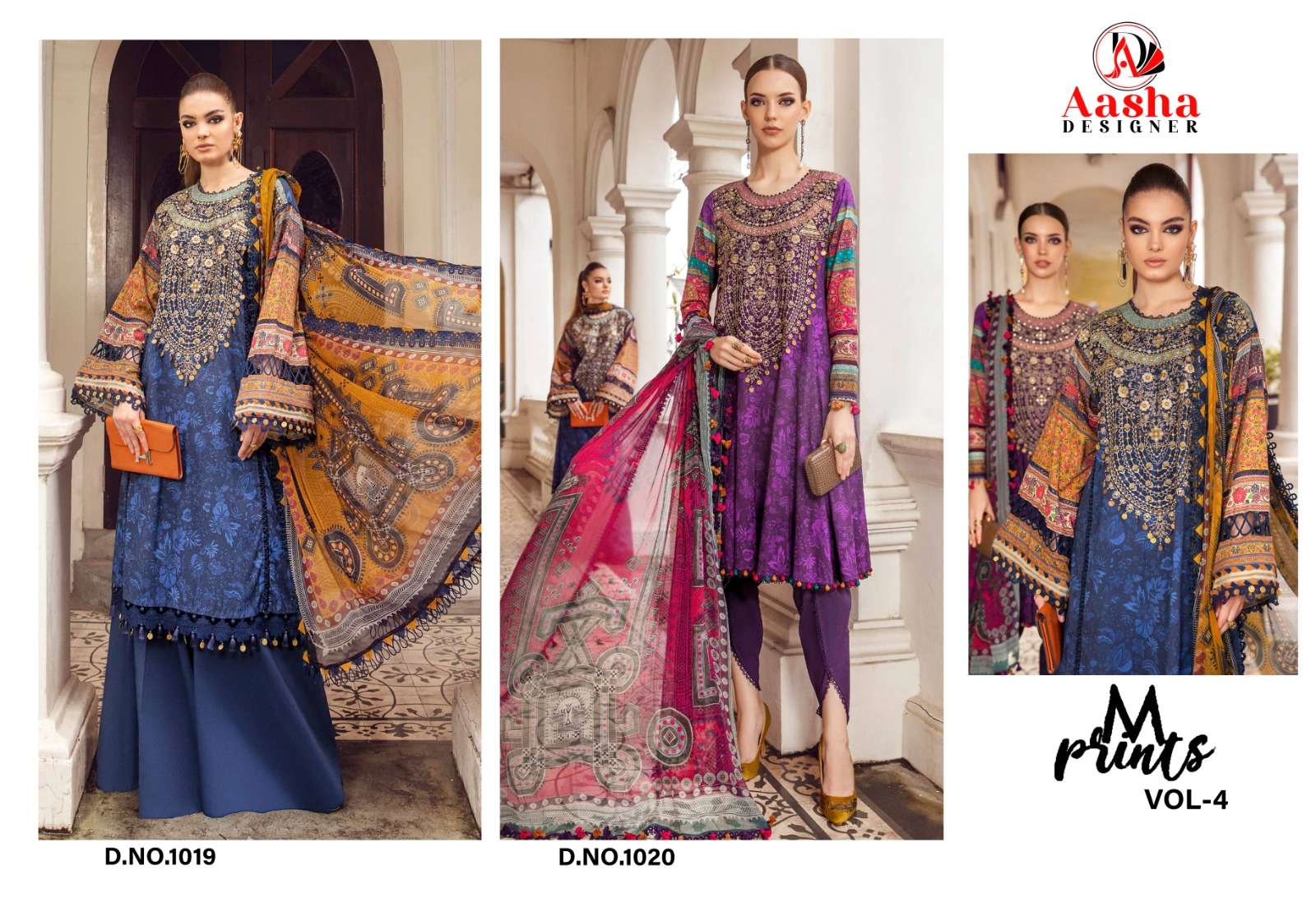 M PRINTS VOL-4 BY AASHA DESIGNER 1019 & 1020 SERIES COTTON PRINT WORK PAKISTANI DRESSES