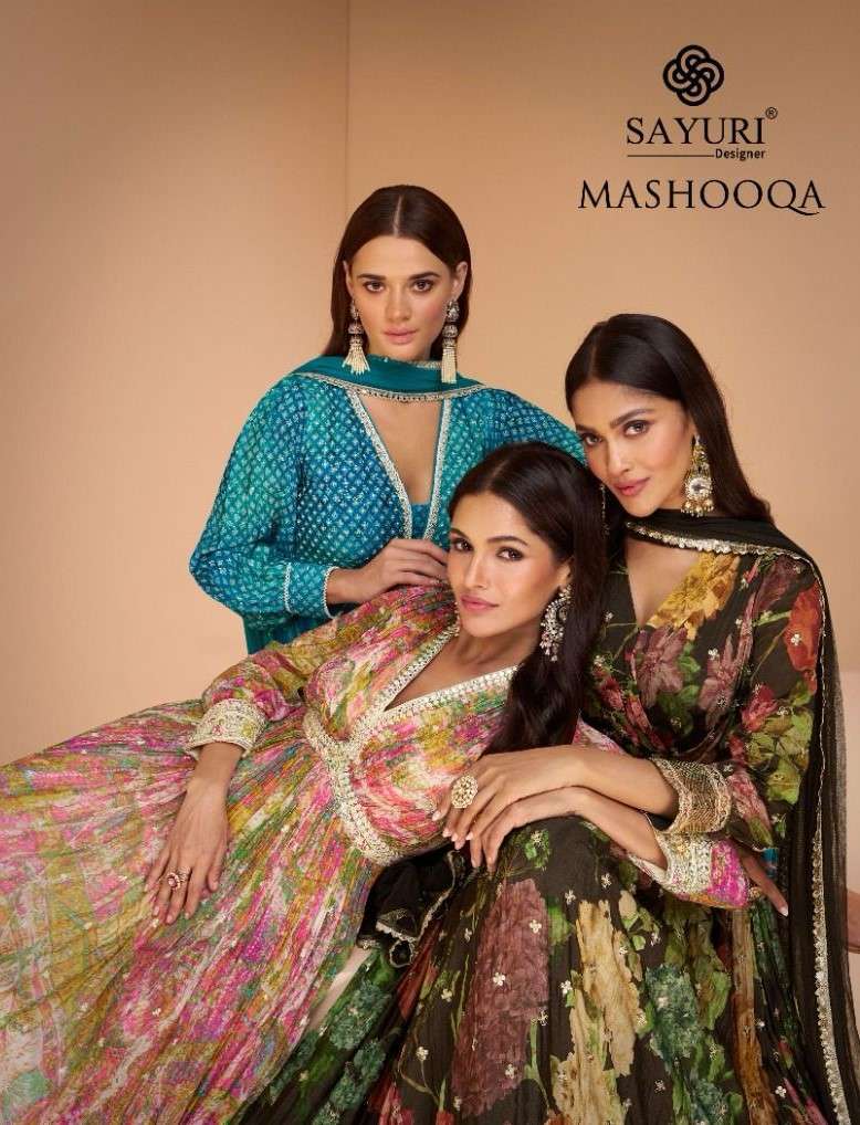 MASHOOQA BY SAYURI 5359 TO 5362 SERIES REAL GEORGETTE PRINT WORK GOWN & DUPATTAS