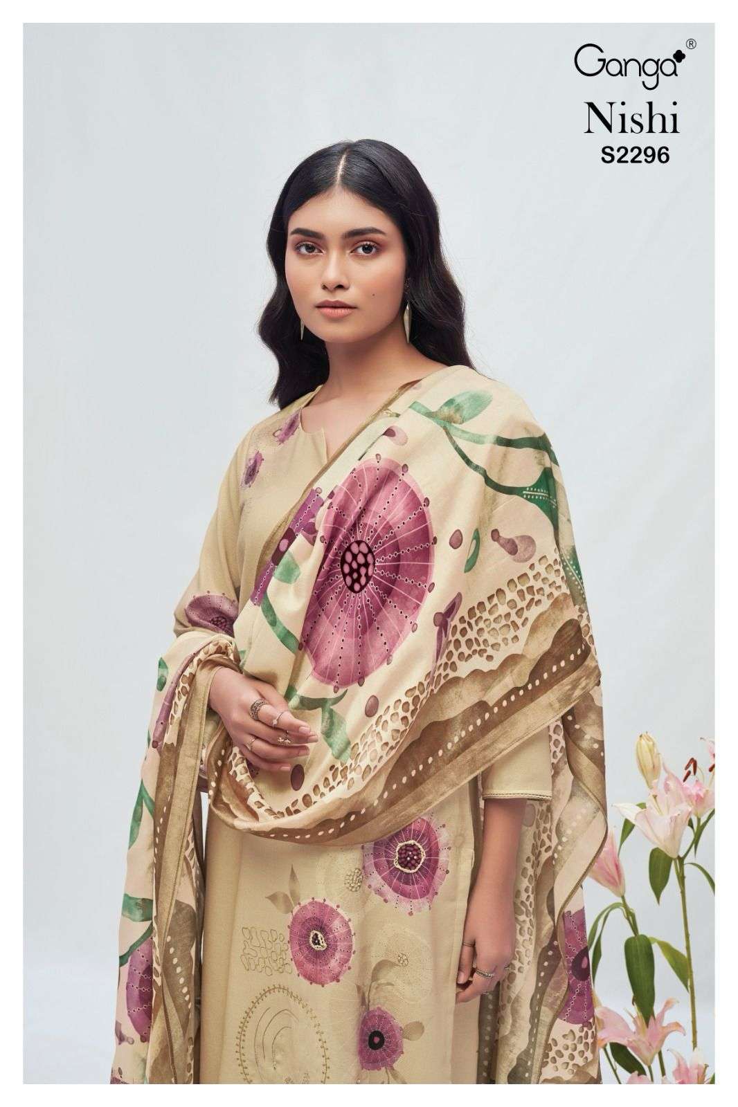 NISHI BY GANGA FASHIONS 2296-A TO 2296-D SERIES PASHMINA PRINT WORK WINTER WEAR DRESSES