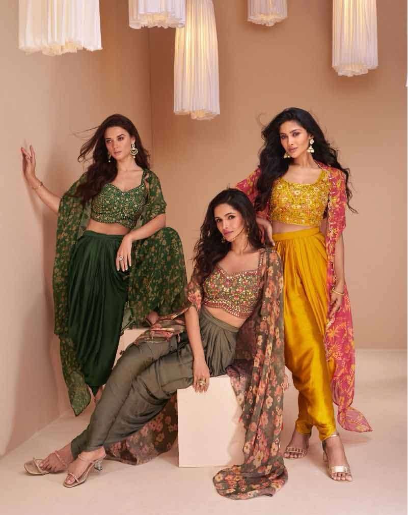 PALKI BY SAYURI 5351 TO 5355 SERIES PURE SATIN SILK WORK CO-ORD SET WITH SHRUG