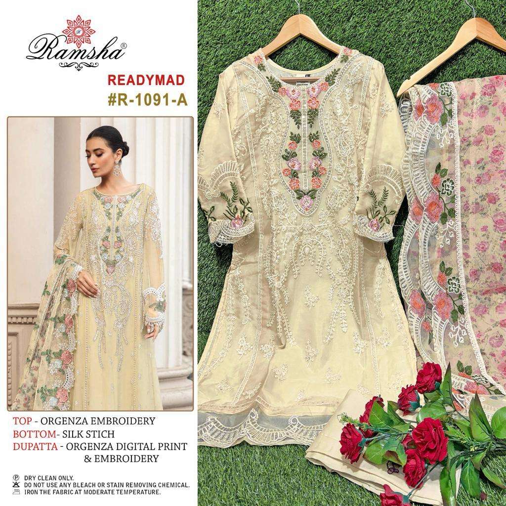 R-1091 NX BY RAMSHA 1091-A TO 1019-E SERIES ORGANZA EMBROIDERY WORK READYMADE DRESSES