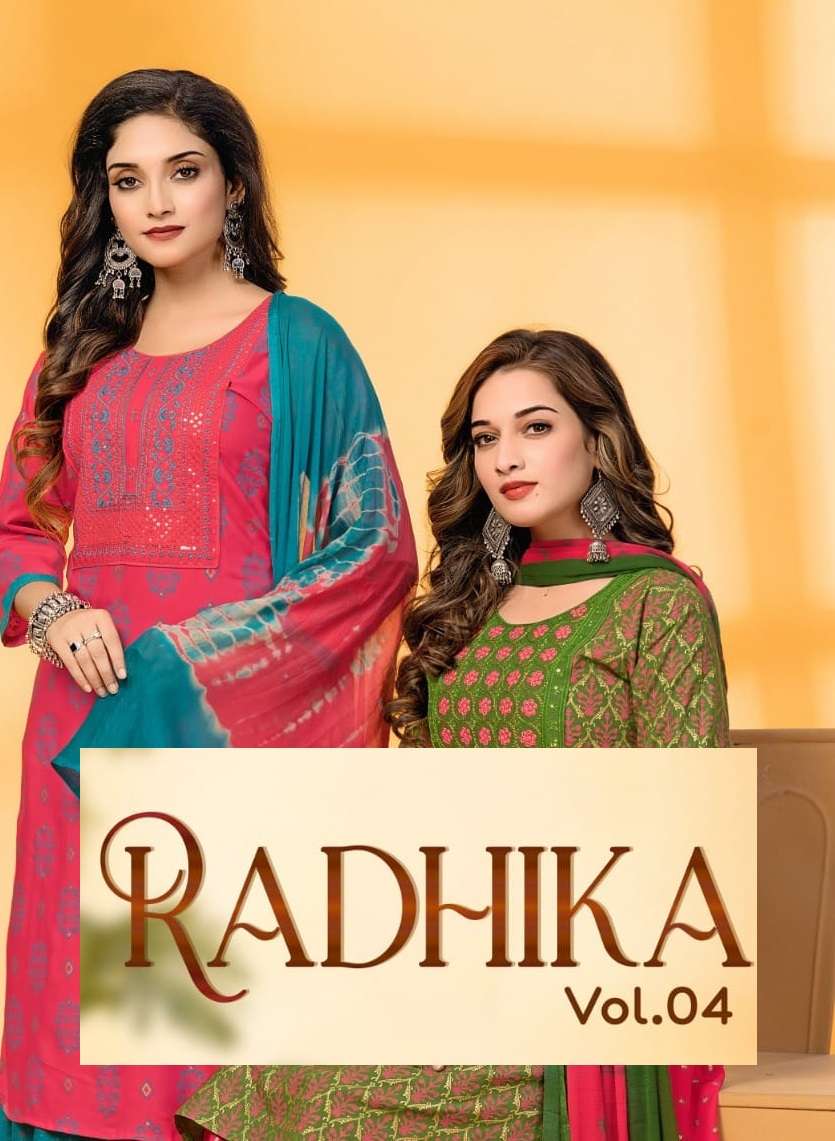 RADHIKA VOL-4 BY KINTI 401 TO 406 SERIES RAYON PRINT WORK READYMADE DRESSES