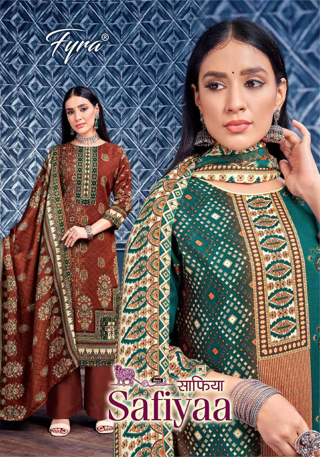 SAFIYAA BY FYRA 952-001 TO 952-008 SERIES PURE PASHMINA PRINT WORK WINTER WEAR DRESSES