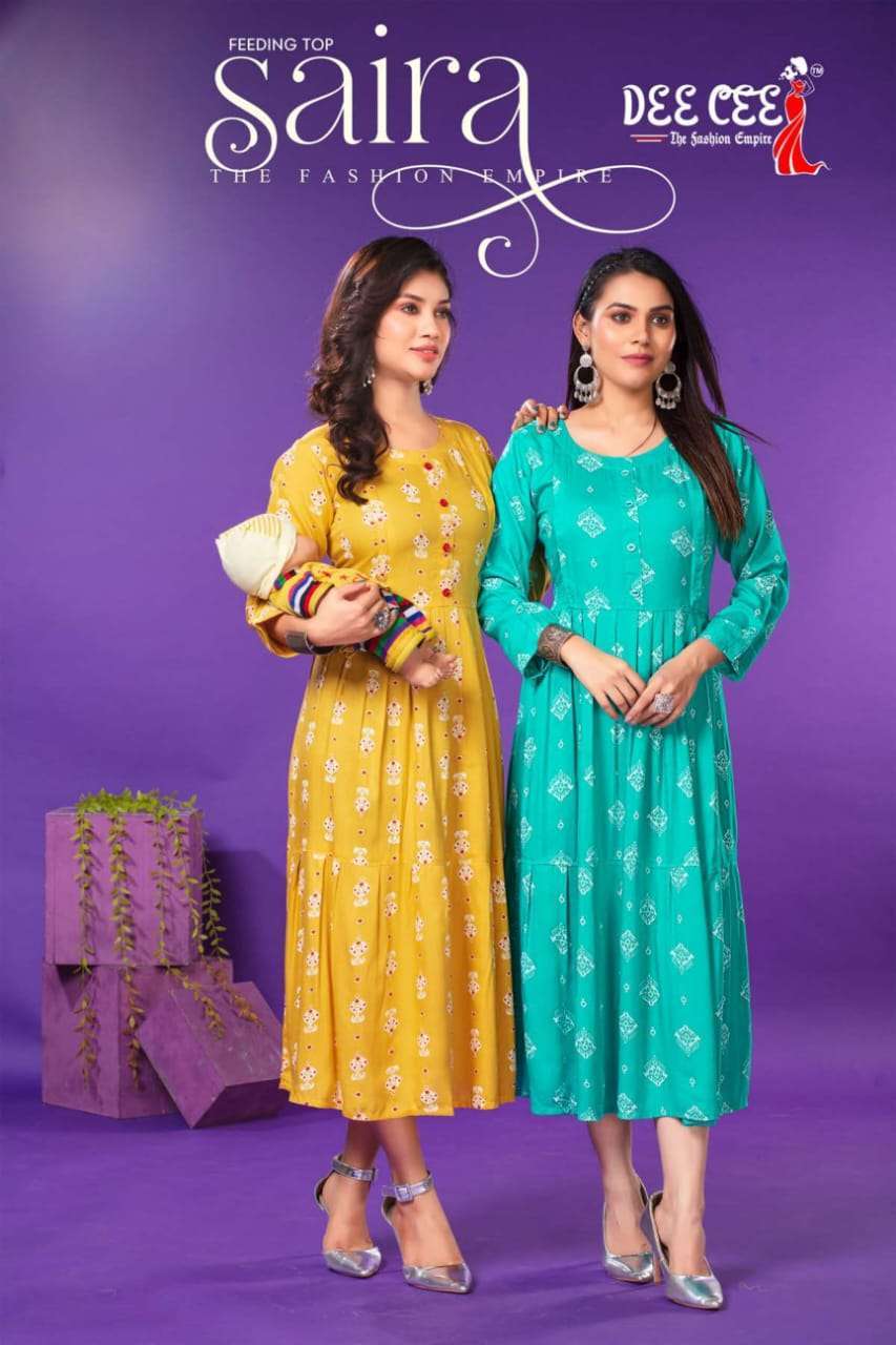 SAIRA BY DEE CEE 101 TO 106 SERIES HEAVY RAYON PRINT LONG KURTIS