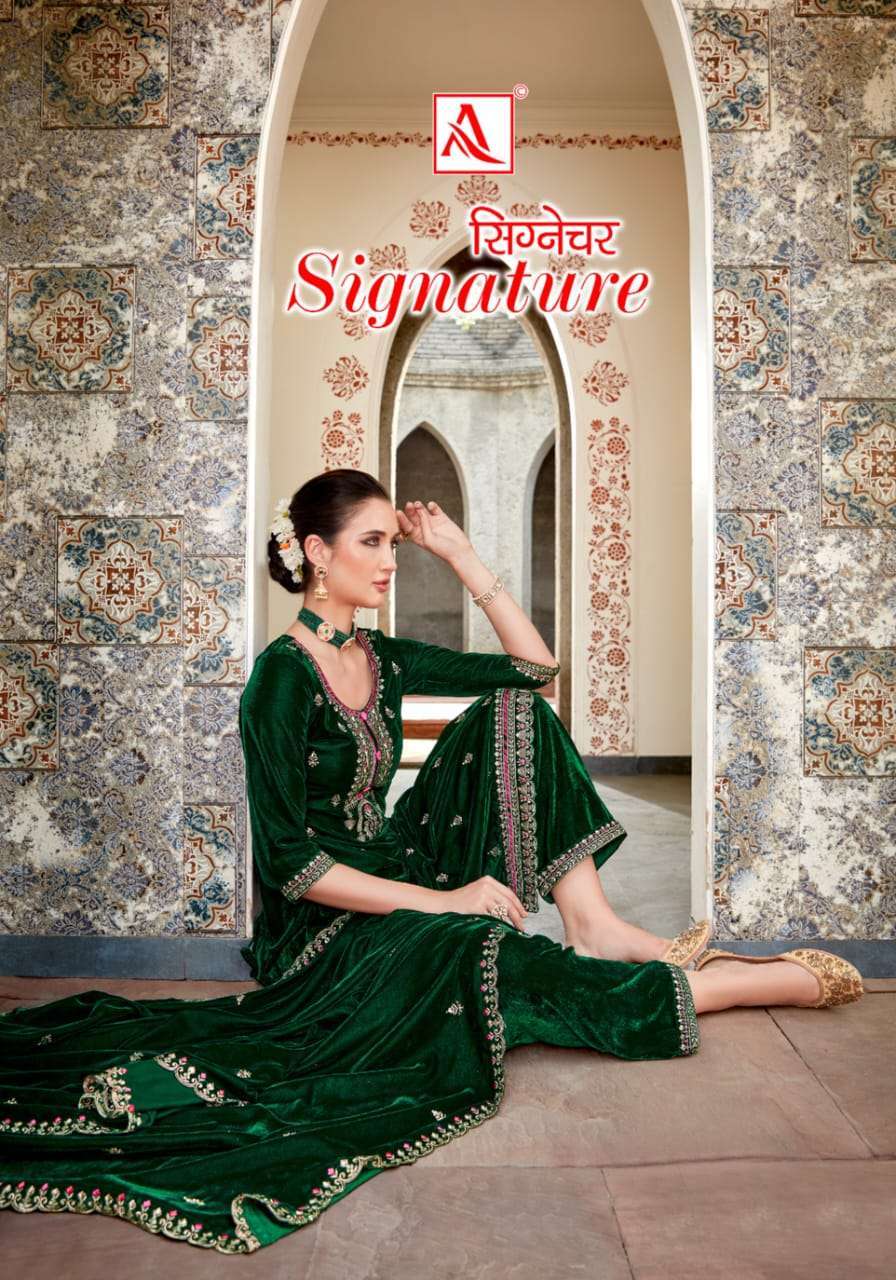 SIGNATURE BY ALOK SUIT 1402-001 TO 1402-005 SERIES VELVET EMBROIDERY WINTER WEAR DRESSES