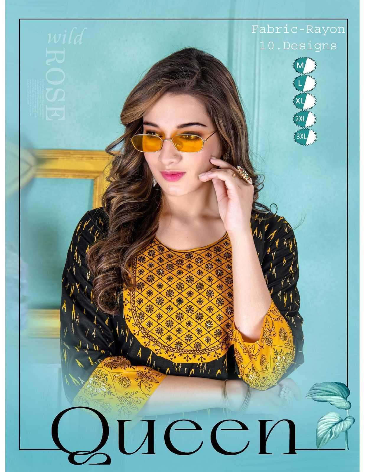 TRENDY QUEEN BY AQSAWHOLESALE 01 TO 10 SERIES RAYON PRINT SEQUENCE WORK KURTIS