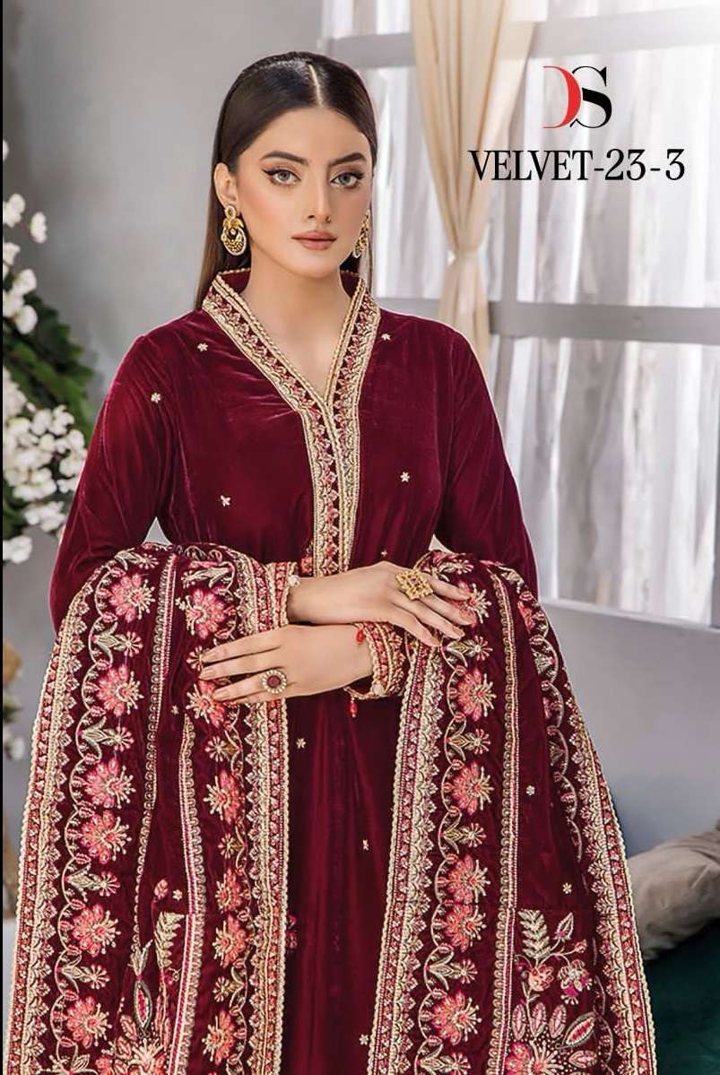 VELVET-23 VOL-3 BY DEEPSY SUITS 3271 TO 3274 SERIES VELVET WORK WINTER WEAR DRESSES