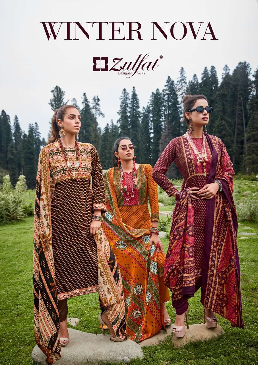 WINTER NOVA BY ZULFAT 456-001 TO 456-010 SERIES WOOL PASHMINA PRINT WINTER WEAR DRESSES