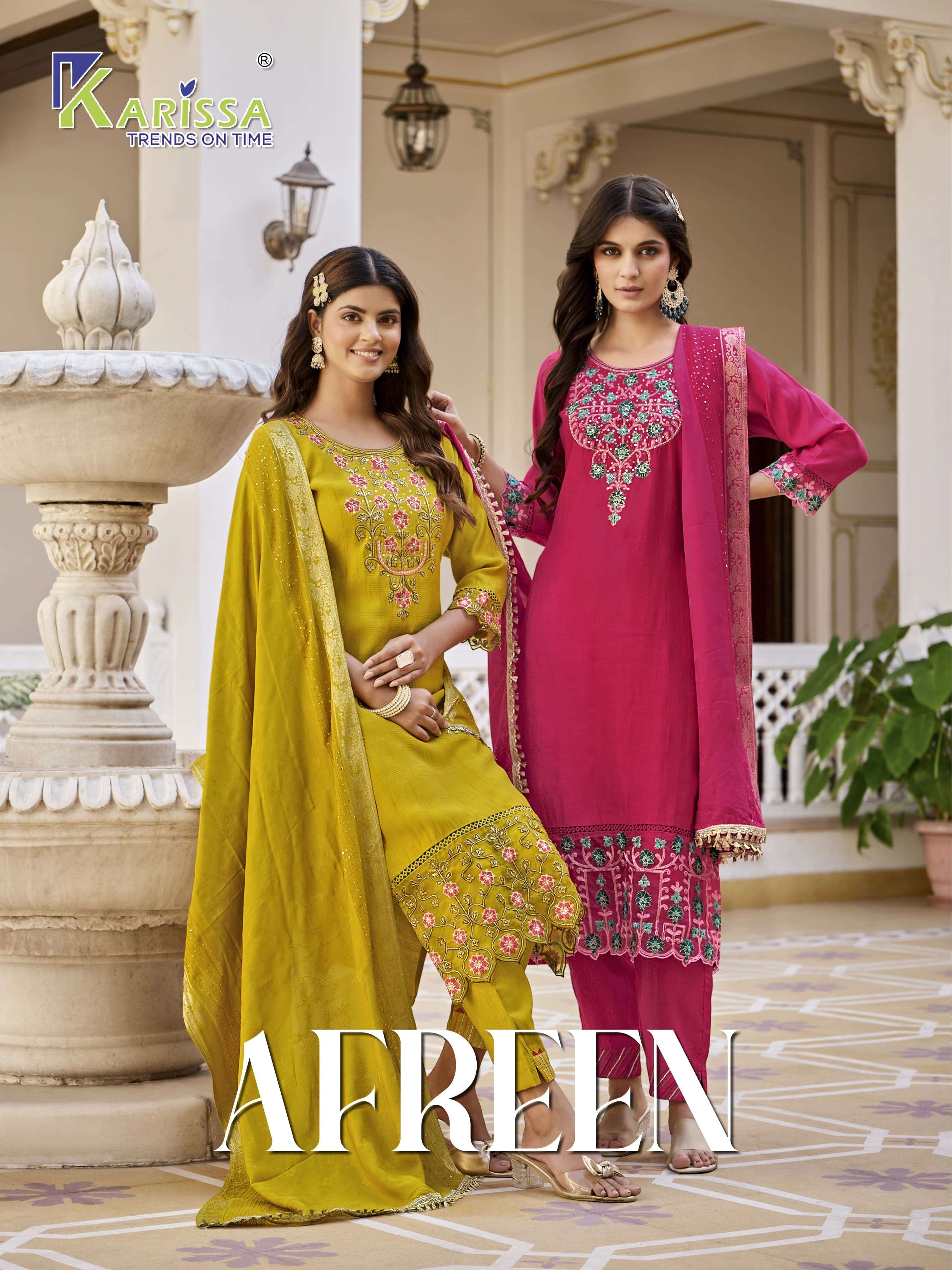 AFREEN BY KARISSA 1001 TO 1004 SERIES VISCOSE SILK EMBROIDERY WORK READYMADE DRESSES