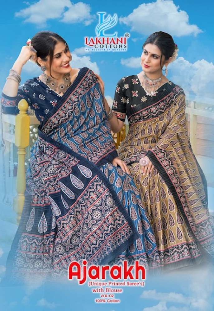 AJARAKH VOL-2 BY LAKHANI COTTON 2001 TO 2020 SERIES PURE COTTON PRINT SAREES