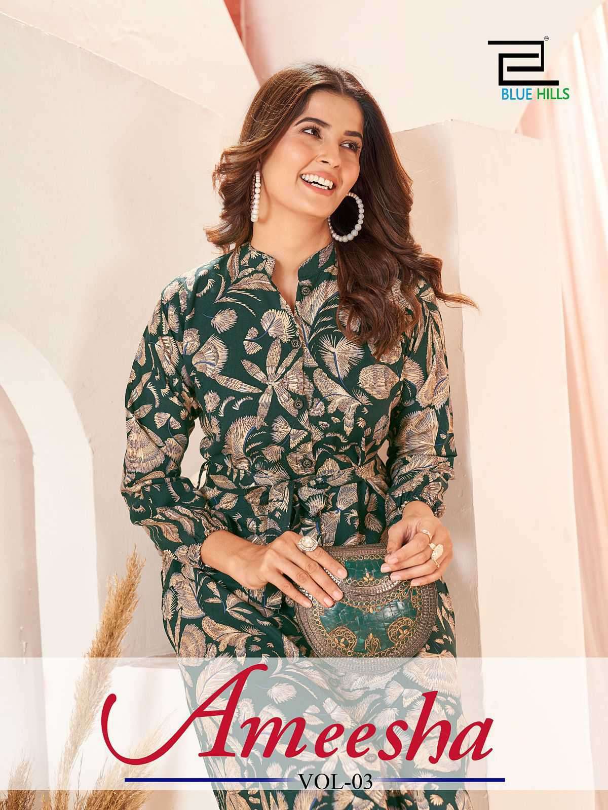 AMEESHA VOL-3 BY BLUE HILLS 30001 TO 30004 SERIES 14KG RAYON PRINT GOWNS