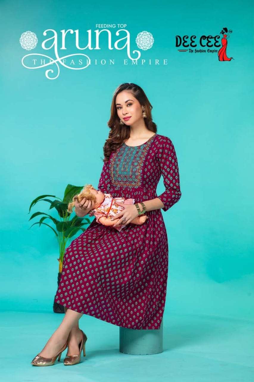 ARUNA BY DEE CEE 101 TO 106 SERIES RAYON PRINT WORK KURTIS