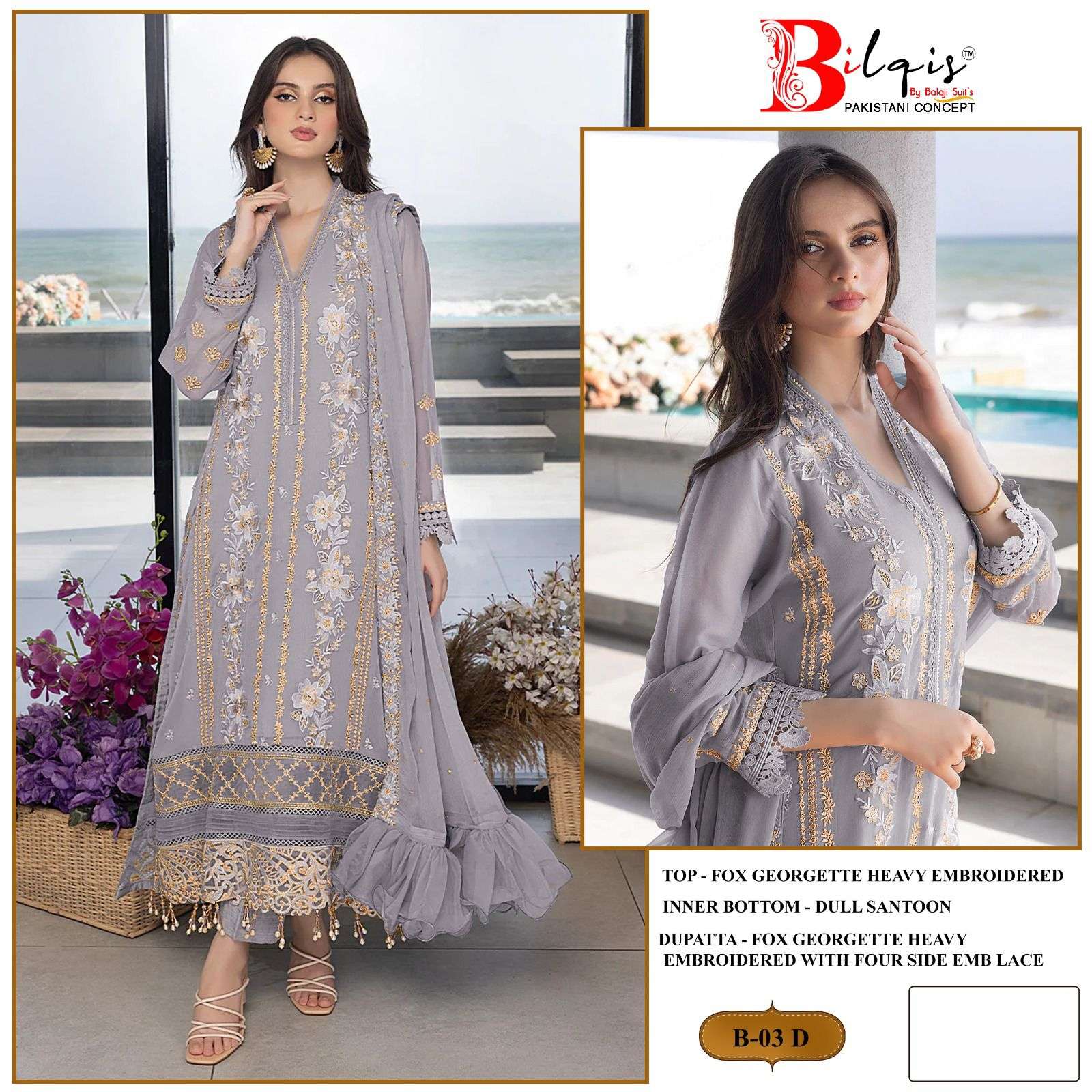 BILQIS VOL-1 BY AQSAWHOLESALE 03-A TO 03-D SERIES FAUX GEORGETTE WORK PAKISTANI DRESSES